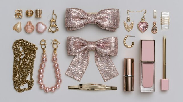 Elegant Collection of Pink Accessories with Jewelry, Hair Bows, Makeup, and Stationery Items on a Light Gray Background