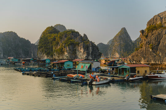Floating Village at sunset on Cat Ba Island, Vietnam