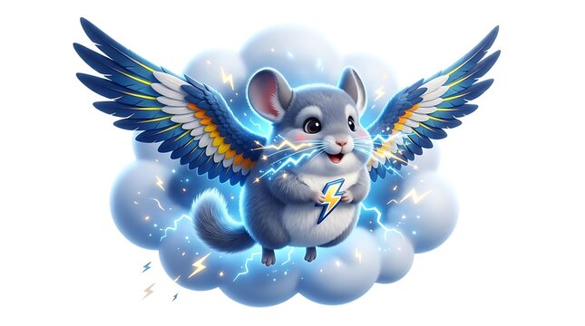 Cute winged chinchilla character flying with lightning bolts