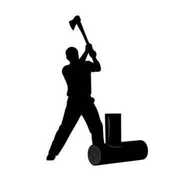 Silhouette of a man swinging an axe to chop a wood log