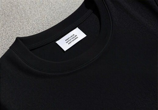 Crew neck t-shirt mockup with label tag displaying replace your artwork text, close-up view on textured gray surface, clothing branding presentation, graphic design template