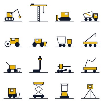 Heavy Construction Machinery Icons
Row 1: Excavator, tower crane, dozer, mixer.
Row 2: Roller, wheel loader, dump truck, crane.
Row 3: Backhoe, piling rig, grader, pump.
Row 4: Skid steer, scissor lif