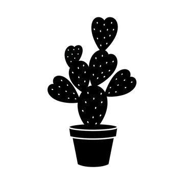 Potted cactus silhouette with heart shaped pads on white background