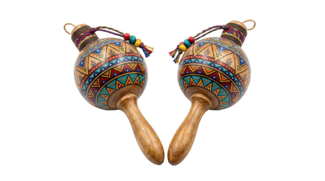 Pair of Colorful Hand Painted Maracas with Geometric Patterns and Tassels PNG Isolated on transparent background