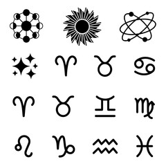 Fototapeta premium Collection of astronomical and zodiac symbols including moon phases, a sun, an atom model, stars, and various astrological zodiac sign