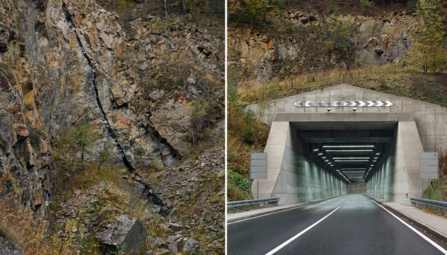 Comparaison avant-apr&egrave;s : sentier de montagne et entr&eacute;e de tunnel routier