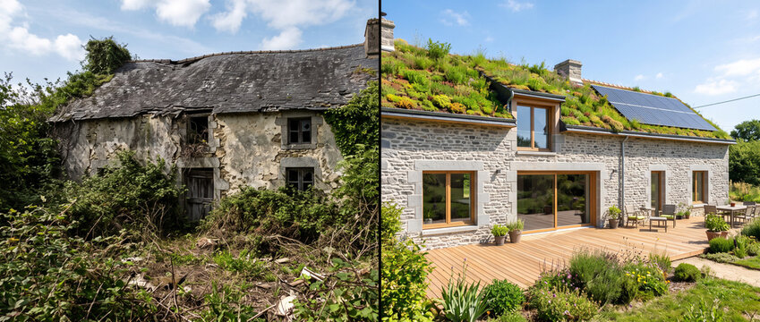 Maison en pierre r&eacute;nov&eacute;e avec toiture v&eacute;g&eacute;talis&eacute;e et baies vitr&eacute;es