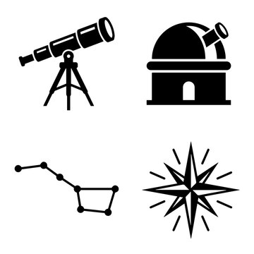 Set of four black astronomy featuring a telescope on a tripod, an observatory dome, the big dipper constellation, and a compass star