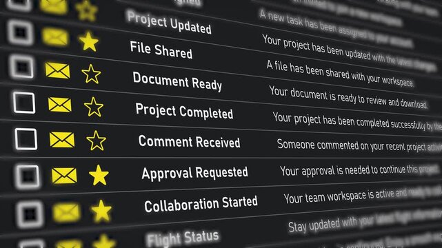 Close up of dark UI workspace emails with task assigned