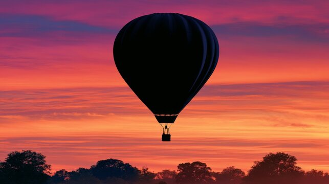 Hot air balloon soaring against a vibrant sunset sky with hues of orange, pink, and purple creating a stunning landscape silhouette of nature