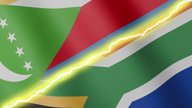 Two waving flags Comoros and South Africa with diagonal lightning seamless, 4k loop