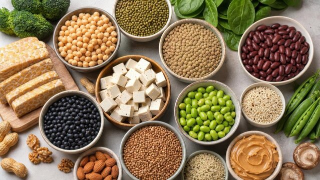 Assortment of plant protein foods arranged in bowls with legumes, tofu, tempeh, grains, nuts, spinach, and vegetables. Healthy vegan nutrition concept for balanced diet planning.