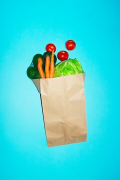 Fresh vegetable grocery bag floating on blue background