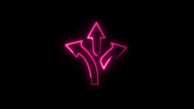 Glowing Pink Neon Three Way Split Arrows Line Animation on Black Background - Decision Making and Direction Concept