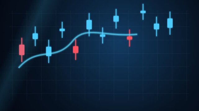 Technical analysis financial price graph showing red and blue candlestick chart data on dark digital screen representing market volatility, economic trend, stock trading, and crypto currency asset.
