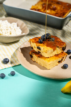 Cottage cheese bake with blueberry and honey drizzle