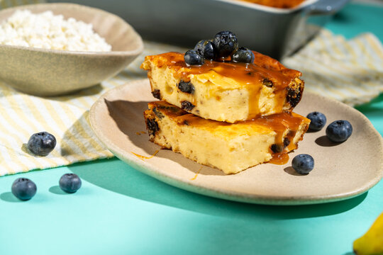 Cottage cheese bake with blueberry and caramel topping