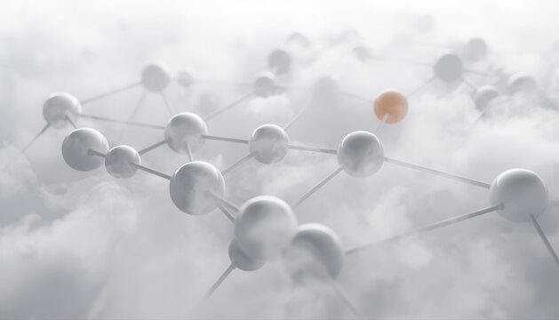 Abstract molecular network floating in clouds with a single distinct orange sphere standout element molecular standout abstract structure connection chemistry different attention innovation