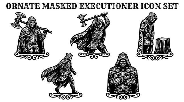 Ornate Masked Executioner Icon Set for Halloween or Costume Themes