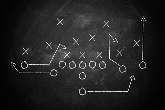 Hand draw blank american football, playing field, game strategy on chalkboard, design element