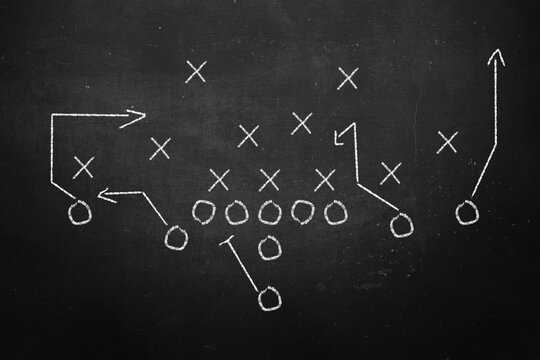 Hand draw blank american football, playing field, game strategy on chalkboard, design element