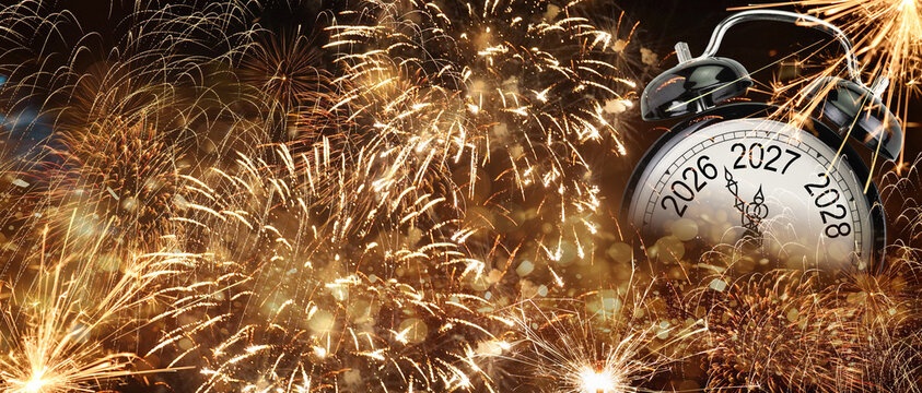 2027 New year clock counting down and sparkler. New Year eves count concept.