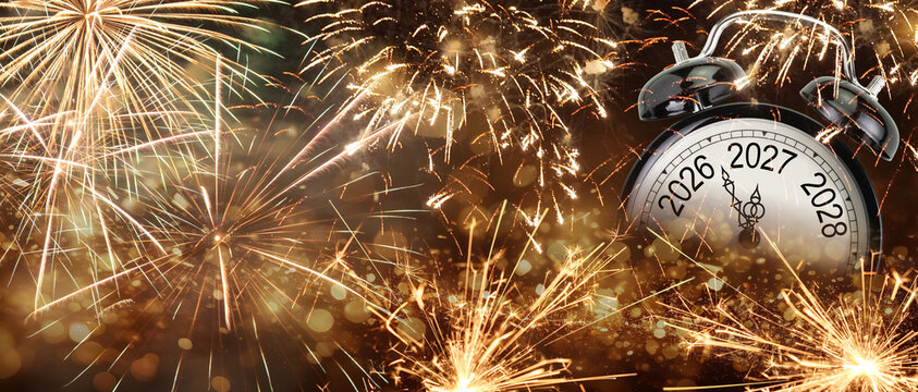 2027 New year clock counting down and sparkler. New Year eves count concept.