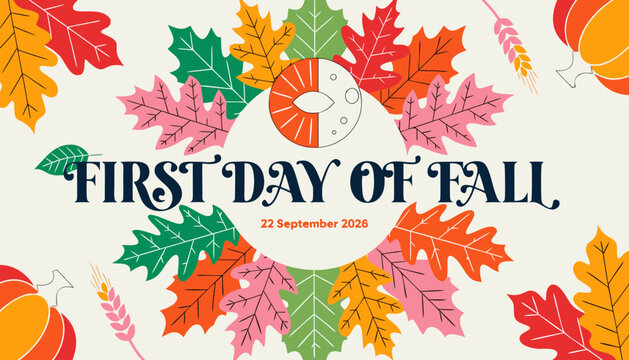 First day of fall autumn seasonal greeting card isolated on white background