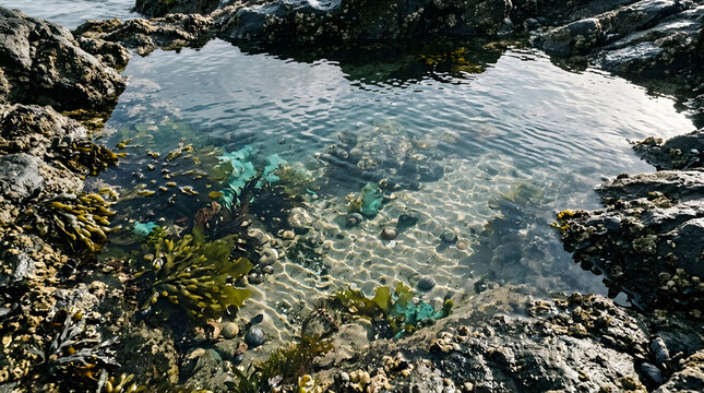 Clear rock pool by the sea filled with seaweed and marine life under sunlight