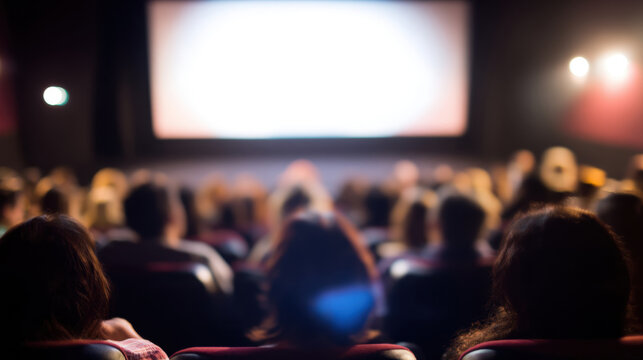 People watch a movie in a cinema during the evening showing