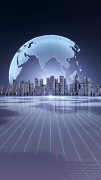 Global smart city luminous digital Earth, futuristic skyline and flowing data grid for global networks, AI, cloud computing, IoT, digital twin, international business, telecom connected infrastructure