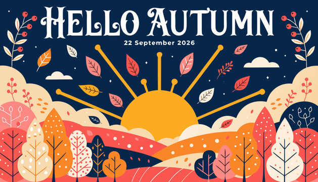 Hello autumn banner with landscape of trees and sun on dark blue background