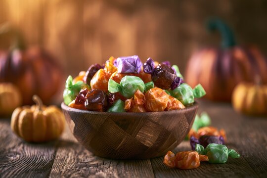 Overflowing bowl of delicious sweet wrapped candy on rustic wooden table decorated with mini pumpkins in warm home kitchen during autumn evening for Halloween trick or treat party