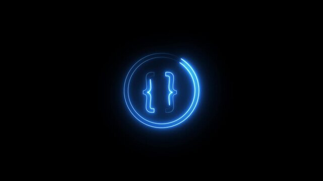 Neon blue curly brackets icon glowing inside circular loader animation on black background.