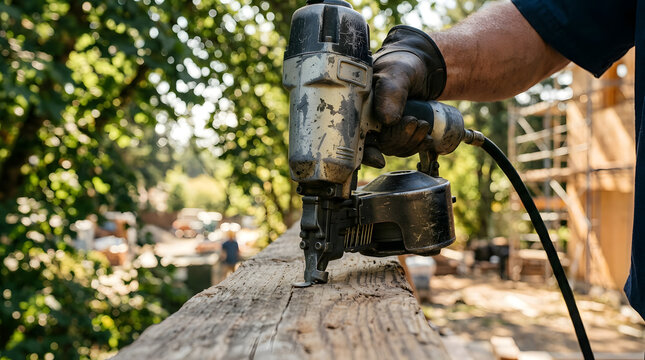 Carpenter Driving Fasteners into Wooden Beam with Pneumatic Nail Gun | Close-Up Hand Holding Industrial Pneumatic Coil Nailer on Timber Framing | Woodworking Specialist Operating Pneumatic Nailer