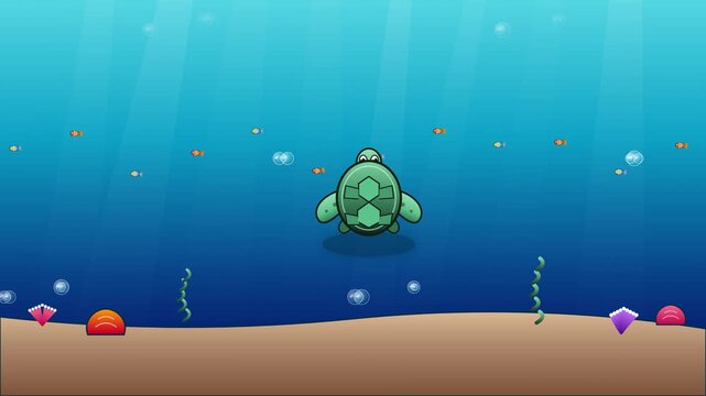 Cute Cartoon Sea Turtle Swimming Underwater in Deep Blue Ocean with Colorful Gems and Seaweed