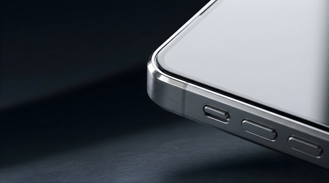 Close up of silver smartphone side frame and buttons with dark background