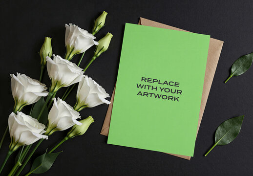 Greeting card mockup with brown envelope on dark surface, white eustoma flowers and leaves arranged in flat lay composition, stationery branding presentation, print design template