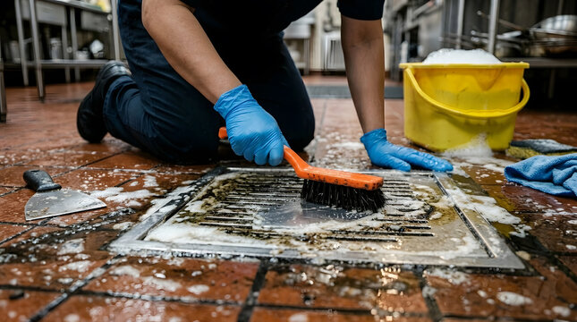 Cleaner Scrubbing Commercial Kitchen Floor Drain with Orange Brush | Professional Janitor Cleaning Restaurant Floor Drain and Stainless Steel Grate | Deep Cleaning Floor Drain in Commercial Kitchen