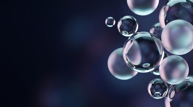 Transparent glass spheres float against a dark gradient background creating a reflective and ethereal composition bubbles orbs globes reflections lucent
