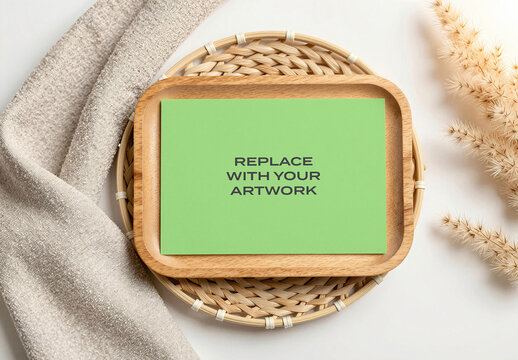 Business card mockup on a wooden tray placed woven basket with linen fabric and dried grass, flat lay stationery presentation, template for branding or print design