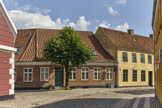 View of historic brick and yellow-painted timber-framed houses with red tile roofs and a green tree in a cobblestone street in Ribe, Denmark.