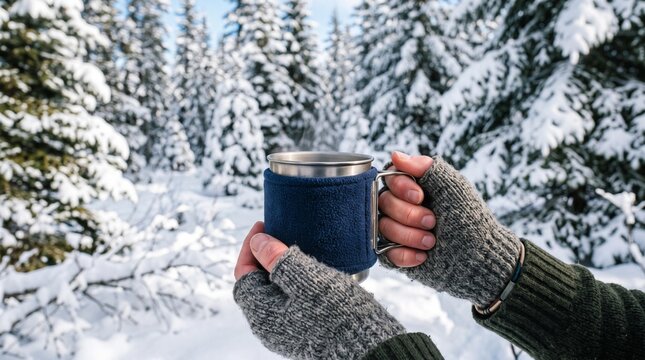 Person holding a stainless steel mug with a blue sleeve in a snowy forest, surrounded by evergreen trees covered in snow under a clear blue sky