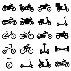 Collection of black silhouette representing various types of personal transportation vehicles, bicycles, motorcycles, and scooters © mia