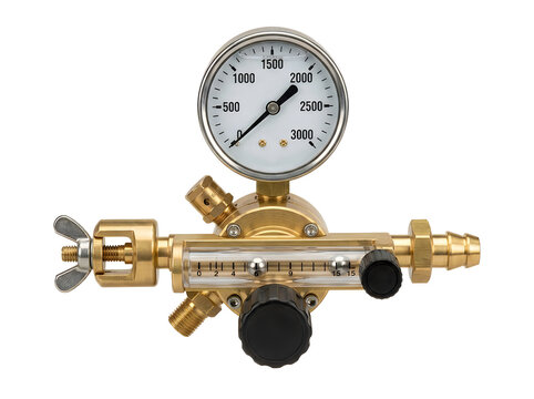 brass medical oxygen regulator flowmeter hospital equipment isolated on transparent background