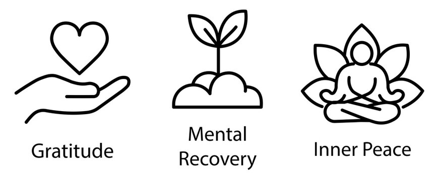 Clean vector design of a hand holding a heart, symbolizing gratitude, alongside a plant for mental recovery and a lotus for inner peace.