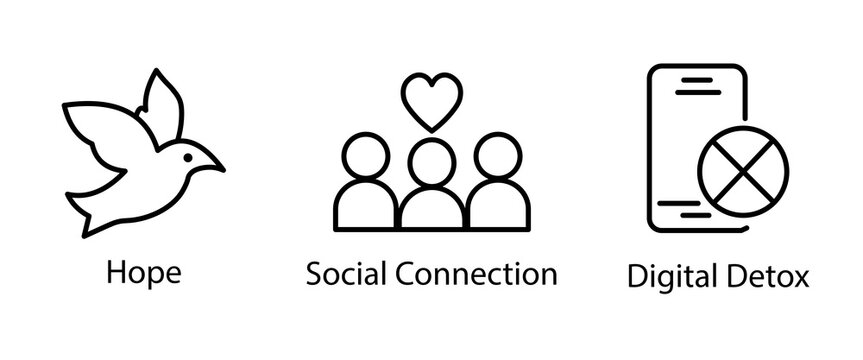 Simple line art vector set featuring a dove for hope, three figures with a heart for social connection, and a phone with an x for digital detox.