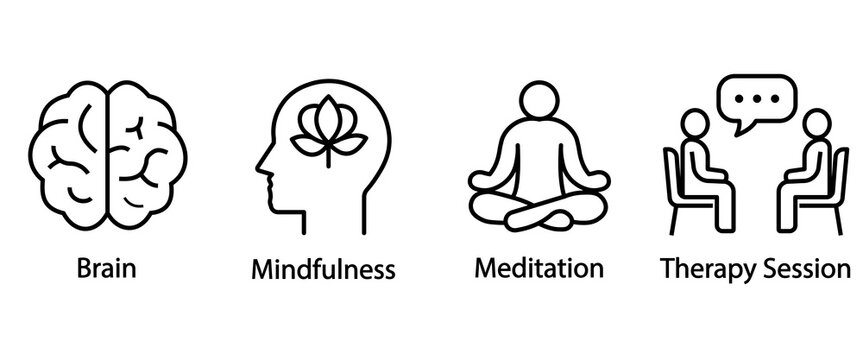 Modern outline vector icons of a brain, a head with a lotus for mindfulness, a meditating figure for meditation, and two people for therapy session.