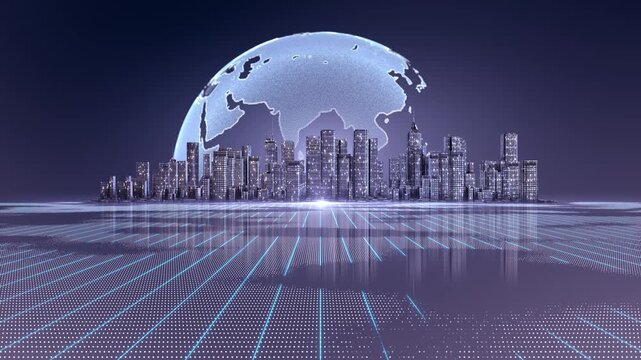 Futuristic city glowing world globe expansive digital terrain network pathways. worldwide connectivity, global commerce, broadband, satellite communication, logistics, mobility distributed technology.