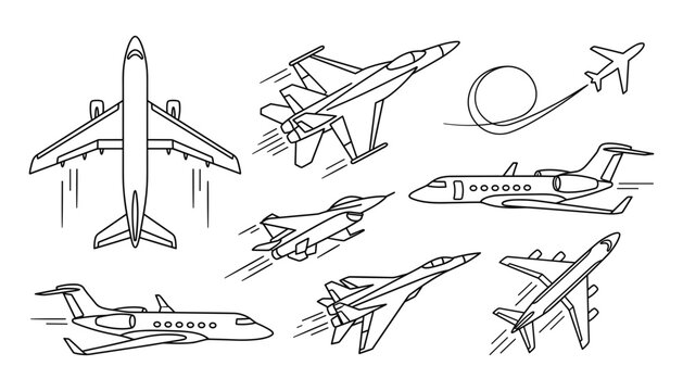 Airplane and Military Jet Vector Icon Set with Commercial Airliner, Fighter Plane, Private Jet, and Flight Path Lines
